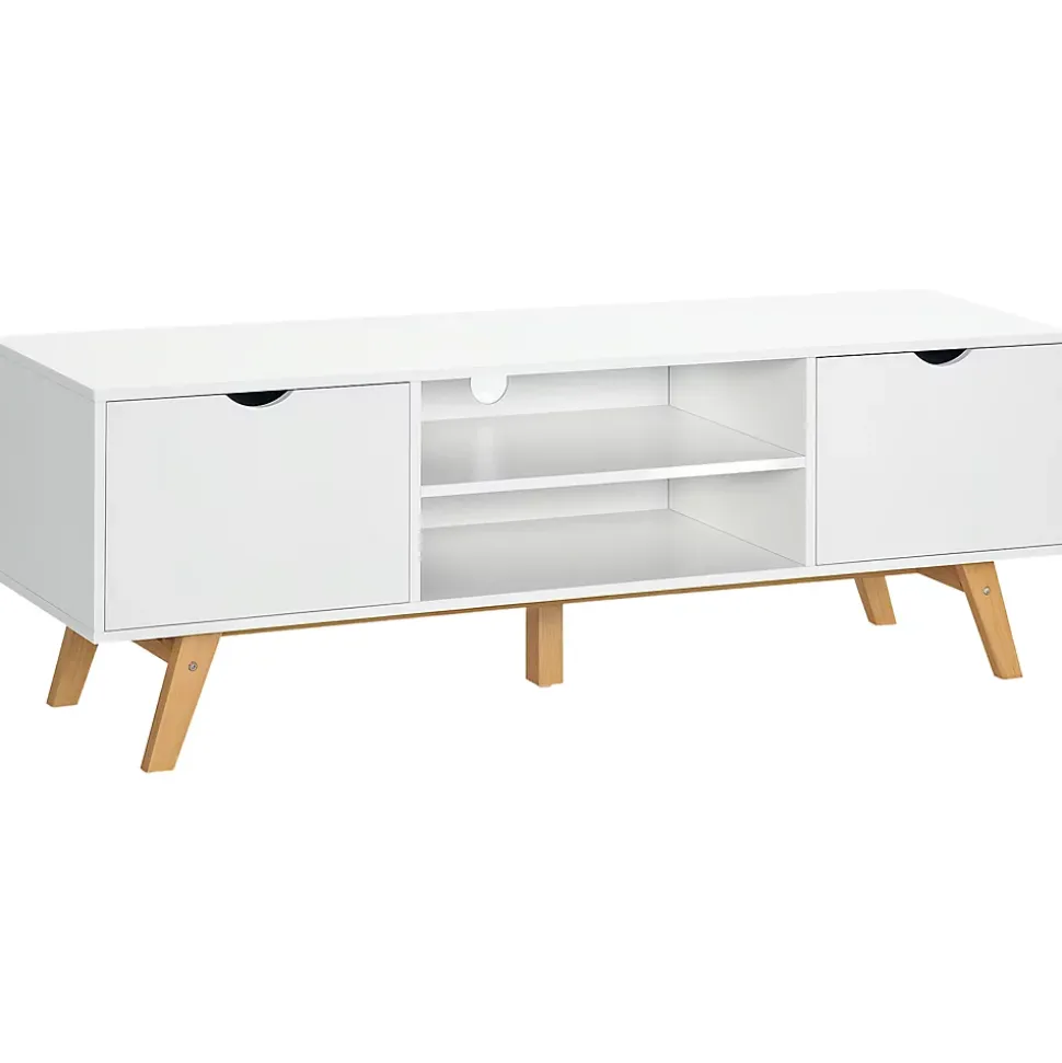 Meuble TV bas sur pied style scandinave 2 portes 2 niches passe-fils panneaux particules MDF blanc bois massif hévéa