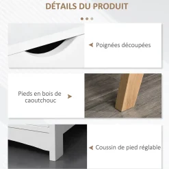Meuble TV bas sur pied style scandinave 2 portes 2 niches passe-fils panneaux particules MDF blanc bois massif hévéa