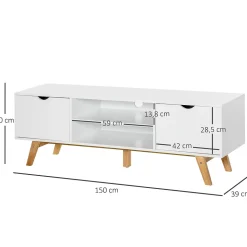 Meuble TV bas sur pied style scandinave 2 portes 2 niches passe-fils panneaux particules MDF blanc bois massif hévéa