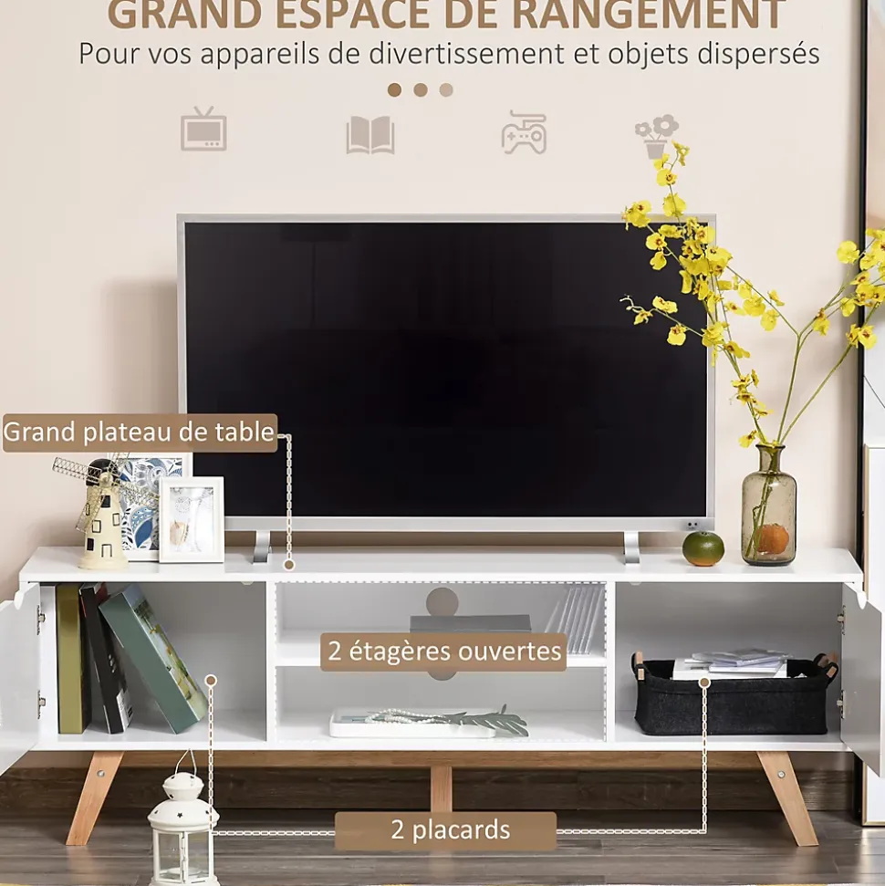 Meuble TV bas sur pied style scandinave 2 portes 2 niches passe-fils panneaux particules MDF blanc bois massif hévéa