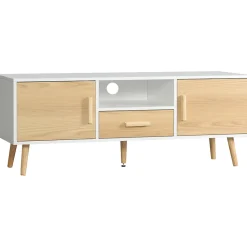Meuble TV bas sur pied style scandinave 2 portes niche tiroir piètement effilé incliné bois panneaux blanc aspect bois clair