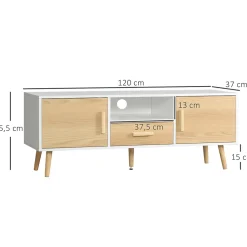 Meuble TV bas sur pied style scandinave 2 portes niche tiroir piètement effilé incliné bois panneaux blanc aspect bois clair
