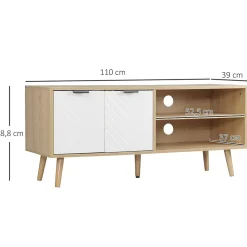 Meuble TV bas sur pied style scandinave 2 portes 2 niches piètement effilé incliné bois panneaux blanc aspect bois