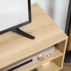 Meuble TV bas sur pied style scandinave 2 portes 2 niches piètement effilé incliné bois panneaux blanc aspect bois