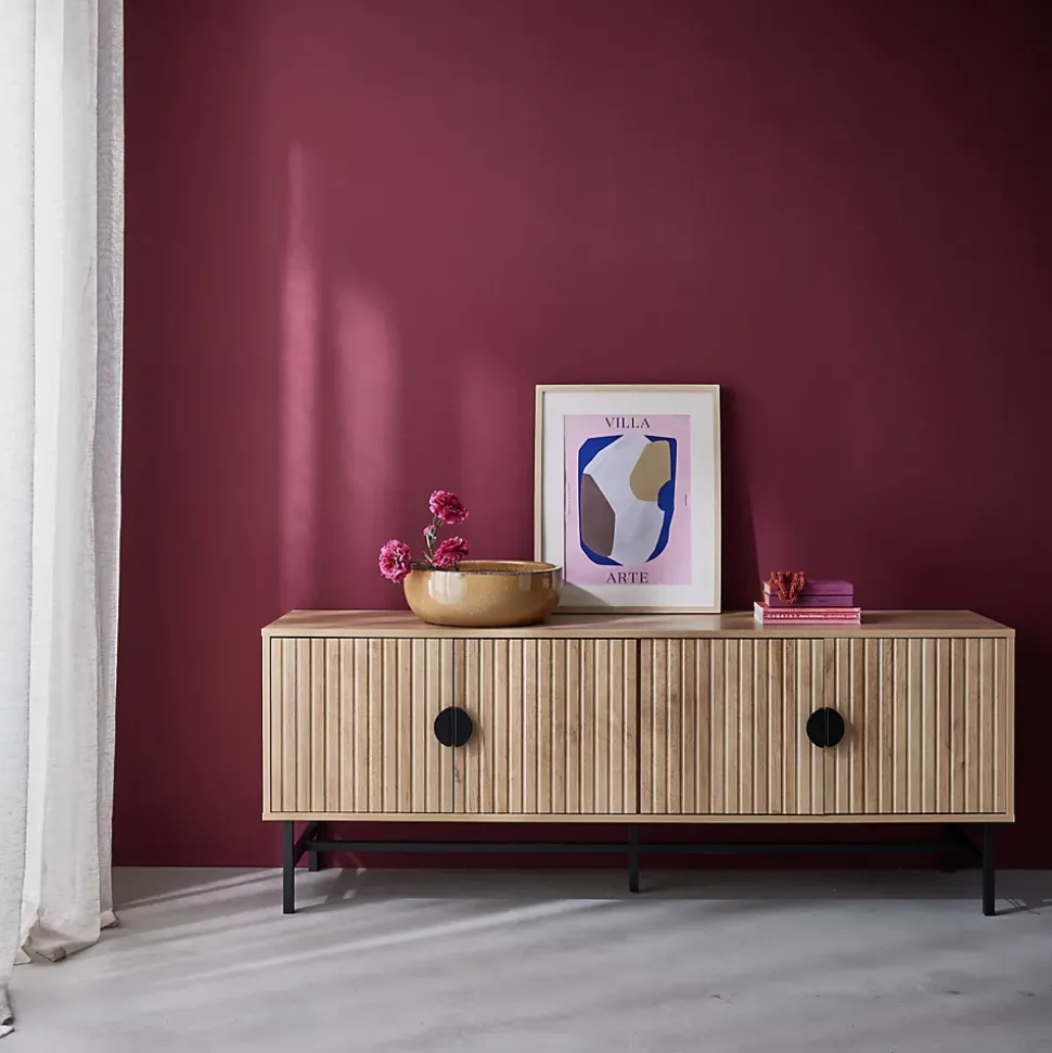 Meuble TV. Bazalt. effet chêne. quatre portes. deux étagères. L 157.5 x l 39 x H 60cm