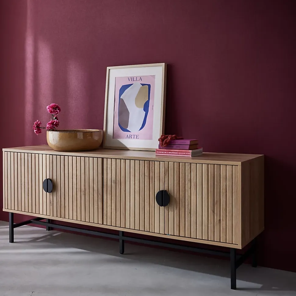 Meuble TV. Bazalt. effet chêne. quatre portes. deux étagères. L 157.5 x l 39 x H 60cm