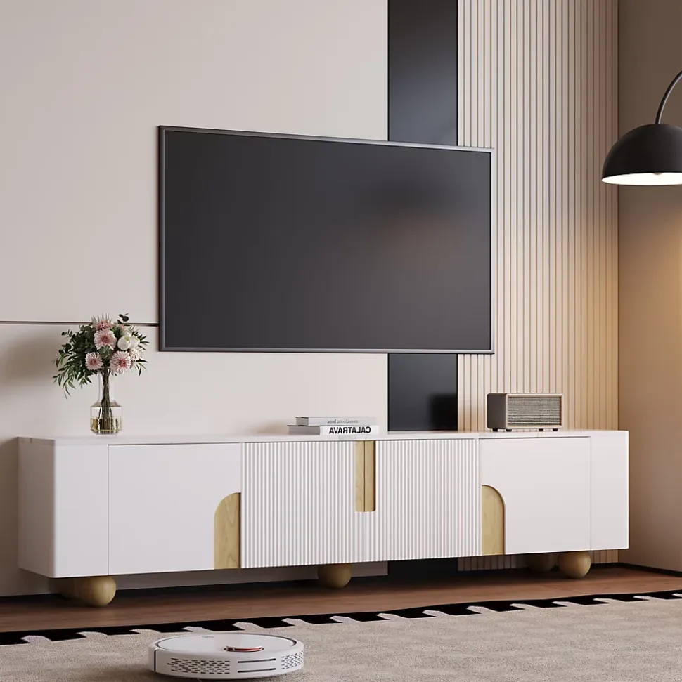 Meuble TV blanc 180 cm 4 portes design elegant surface effet marbre pieds bois spheriques parfait interieur moderne