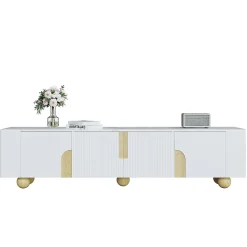 Meuble TV blanc 180 cm 4 portes design elegant surface effet marbre pieds bois spheriques parfait interieur moderne