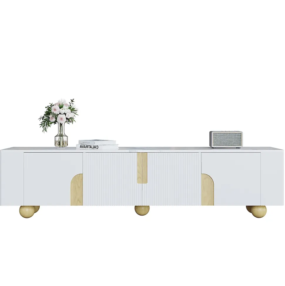 Meuble TV blanc 180 cm 4 portes design elegant surface effet marbre pieds bois spheriques parfait interieur moderne