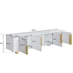 Meuble TV blanc 180 cm 4 portes design elegant surface effet marbre pieds bois spheriques parfait interieur moderne