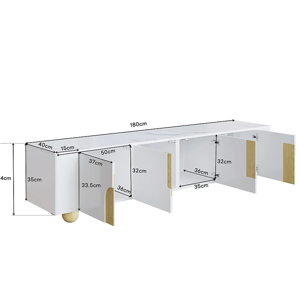 Meuble TV blanc 180 cm 4 portes design elegant surface effet marbre pieds bois spheriques parfait interieur moderne
