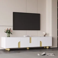 Meuble TV blanc 180 cm 4 portes design elegant surface effet marbre pieds bois spheriques parfait interieur moderne