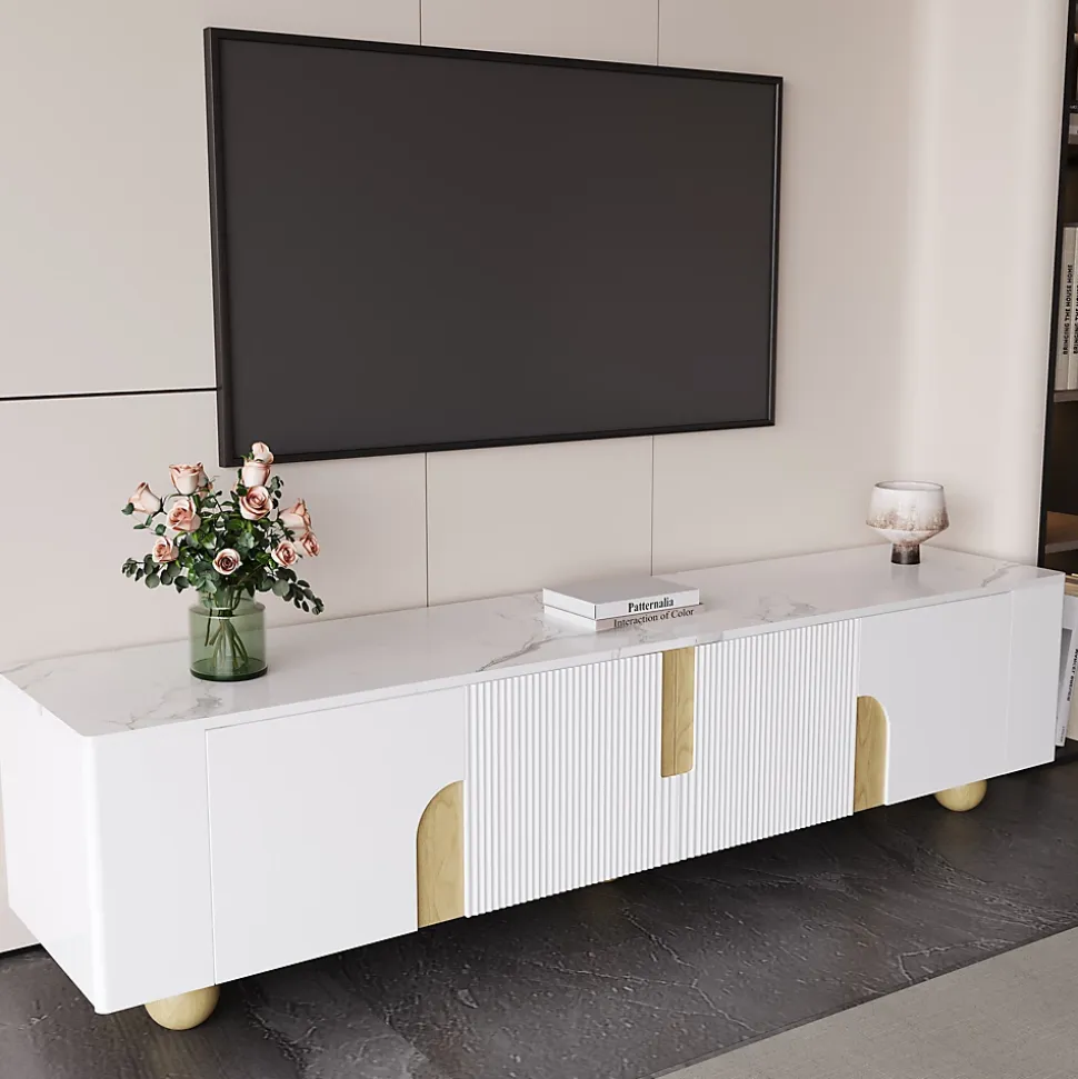 Meuble TV blanc 180 cm 4 portes design elegant surface effet marbre pieds bois spheriques parfait interieur moderne