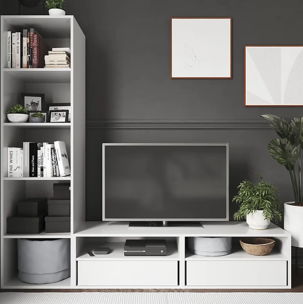 Meuble TV blanc 1 porte 2 tiroirs GoodHome Atomia H. 187,5 x L. 200 x P. 47 cm