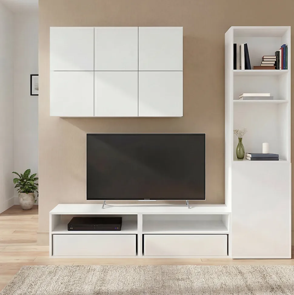 Meuble TV blanc 1 porte et 2 tiroirs avec meuble suspendu GoodHome Atomia H. 187,5 x L. 125 x P. 47 cm