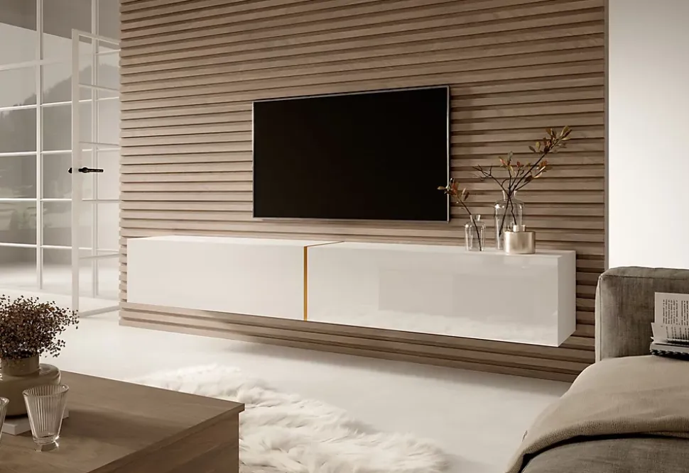 Meuble TV blanc avec détail doré 200 cm BISIRA