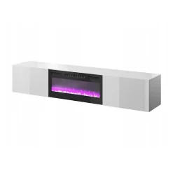 Meuble TV Blanc Brillant 200x37x40 Cm Avec Cheminée Chauffante Intégrée Slika K à Suspendre