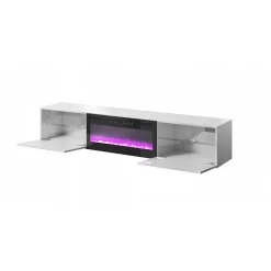 Meuble TV Blanc Brillant 200x37x40 Cm Avec Cheminée Chauffante Intégrée Slika K à Suspendre