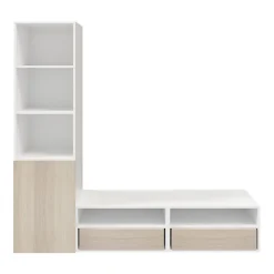 Meuble TV blanc et effet chêne 1 porte 2 tiroirs GoodHome Atomia H. 187,5 x L. 200 x P. 47 cm