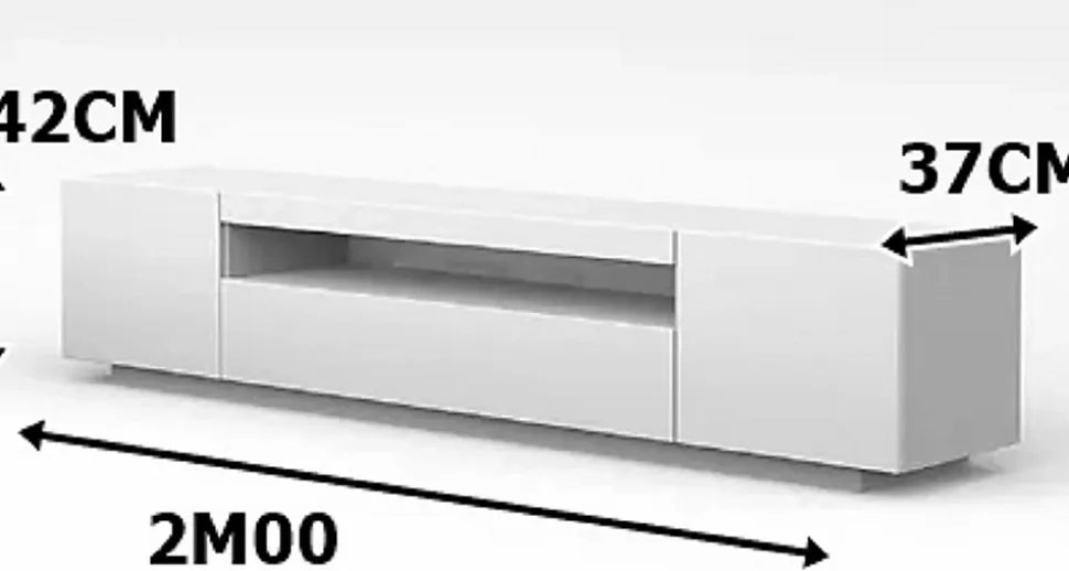 MEUBLE TV BLANC LAQUE 2M00 AVEC 3 ESPACES DE RANGEMENT FERMES ET UNE NICHE OUVERTE - KIMI