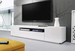 MEUBLE TV BLANC LAQUE 2M00 AVEC 3 ESPACES DE RANGEMENT FERMES ET UNE NICHE OUVERTE - KIMI