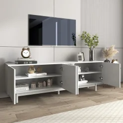 Meuble TV blanc, meuble bas avec panneaux réglables, pour salon ou chambre, charge 50 kg