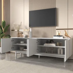 Meuble TV blanc, meuble bas avec panneaux réglables, pour salon ou chambre, charge 50 kg