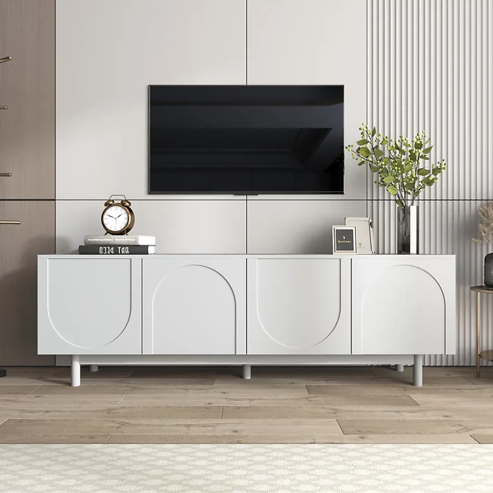 Meuble TV blanc, meuble bas avec panneaux réglables, pour salon ou chambre, charge 50 kg