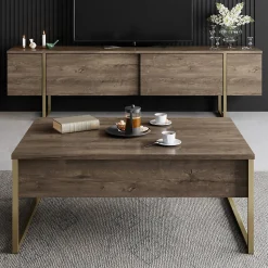 Meuble TV bois et or avec rangement 180 cm - BEARN