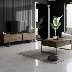 Meuble TV bois et or avec rangement 180 cm - BEARN