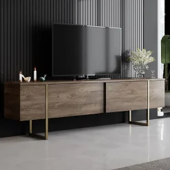 Meuble TV bois et or avec rangement 180 cm - BEARN