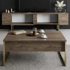 Meuble TV bois et or avec rangement 180 cm - BEARN