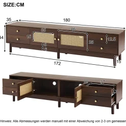 Meuble TV Bois Foncé 180 Cm - 2 Portes En Rotin, 4 Tiroirs - Pieds Réglables, Pour TV 80"