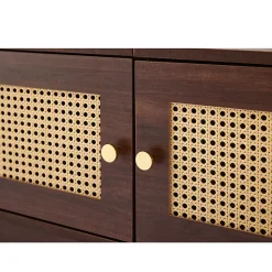Meuble TV Bois Foncé 180 Cm - 2 Portes En Rotin, 4 Tiroirs - Pieds Réglables, Pour TV 80