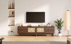 Meuble TV Bois Foncé 180 Cm - 2 Portes En Rotin, 4 Tiroirs - Pieds Réglables, Pour TV 80