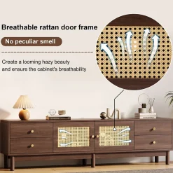 Meuble TV Bois Foncé 180 Cm - 2 Portes En Rotin, 4 Tiroirs - Pieds Réglables, Pour TV 80