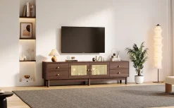 Meuble TV Bois Foncé 180 Cm - 2 Portes En Rotin, 4 Tiroirs - Pieds Réglables, Pour TV 80