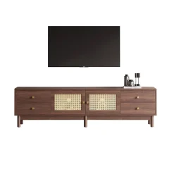 Meuble TV Bois Foncé 180 Cm - 2 Portes En Rotin, 4 Tiroirs - Pieds Réglables, Pour TV 80