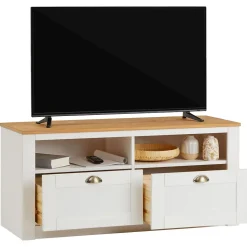 Meuble TV BOLTON 2 tiroirs et 2 niches, en pin massif blanc et brun