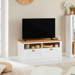 Meuble TV BOLTON 2 tiroirs et 2 niches, en pin massif blanc et brun