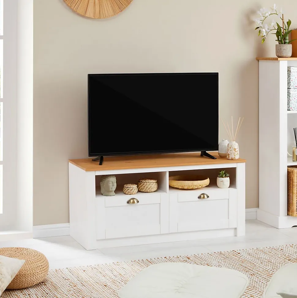 Meuble TV BOLTON 2 tiroirs et 2 niches, en pin massif blanc et brun