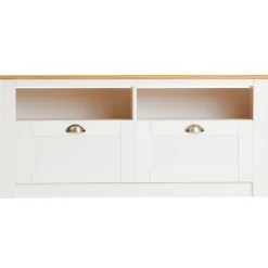 Meuble TV BOLTON 2 tiroirs et 2 niches, en pin massif blanc et brun