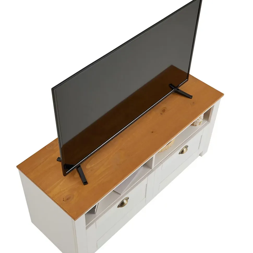 Meuble TV BOLTON 2 tiroirs et 2 niches, en pin massif blanc et brun