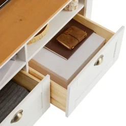 Meuble TV BOLTON 2 tiroirs et 2 niches, en pin massif blanc et brun