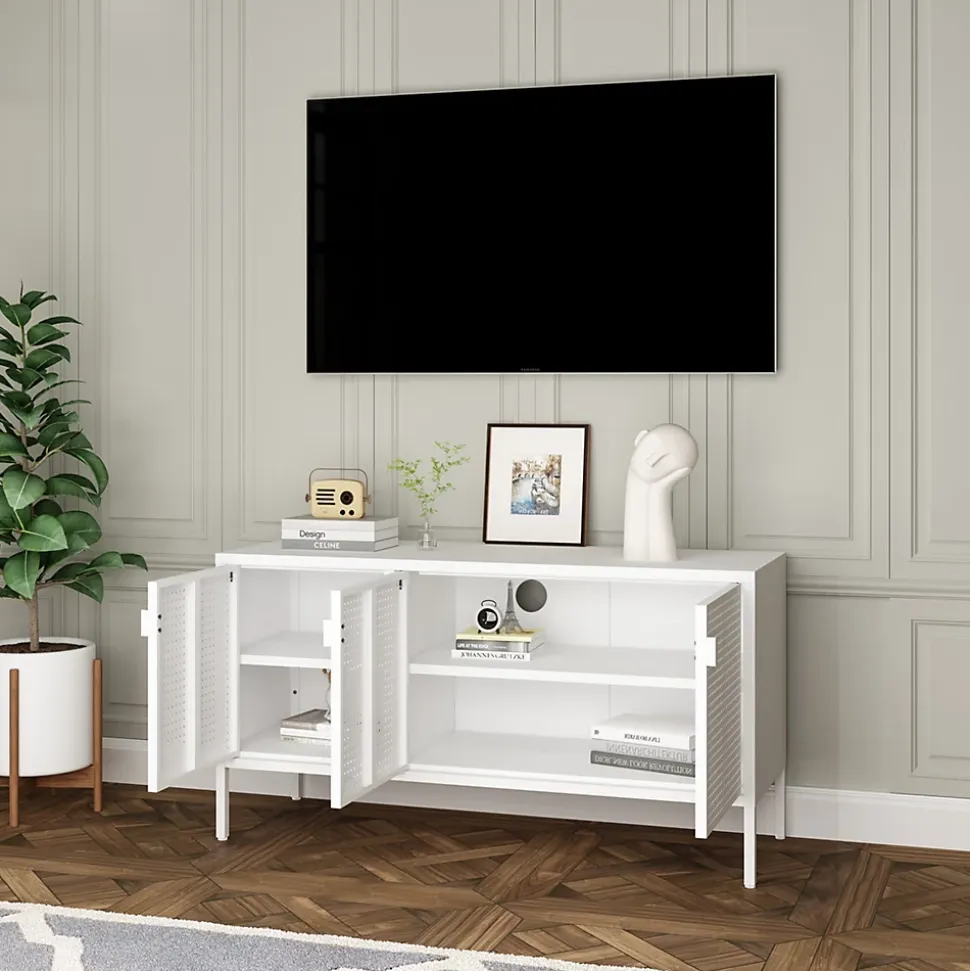 Meuble TV Castelli acier 114 x 40 x 60 cm blanc en.casa