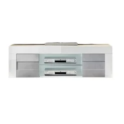 Meuble tv 180cm, 2 portes, collection JET, coloris blanc laqué brillant et gris aspect béton