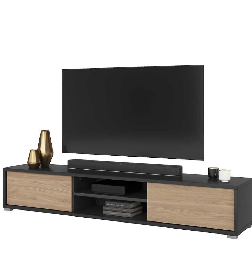 Meuble TV 180cm, 2 portes et 2 niches collection MAANUM. Couleur gris et chene clair.