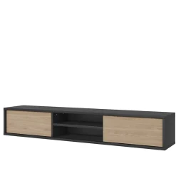 Meuble TV 180cm, 2 portes et 2 niches collection MAANUM. Couleur gris et chene clair.