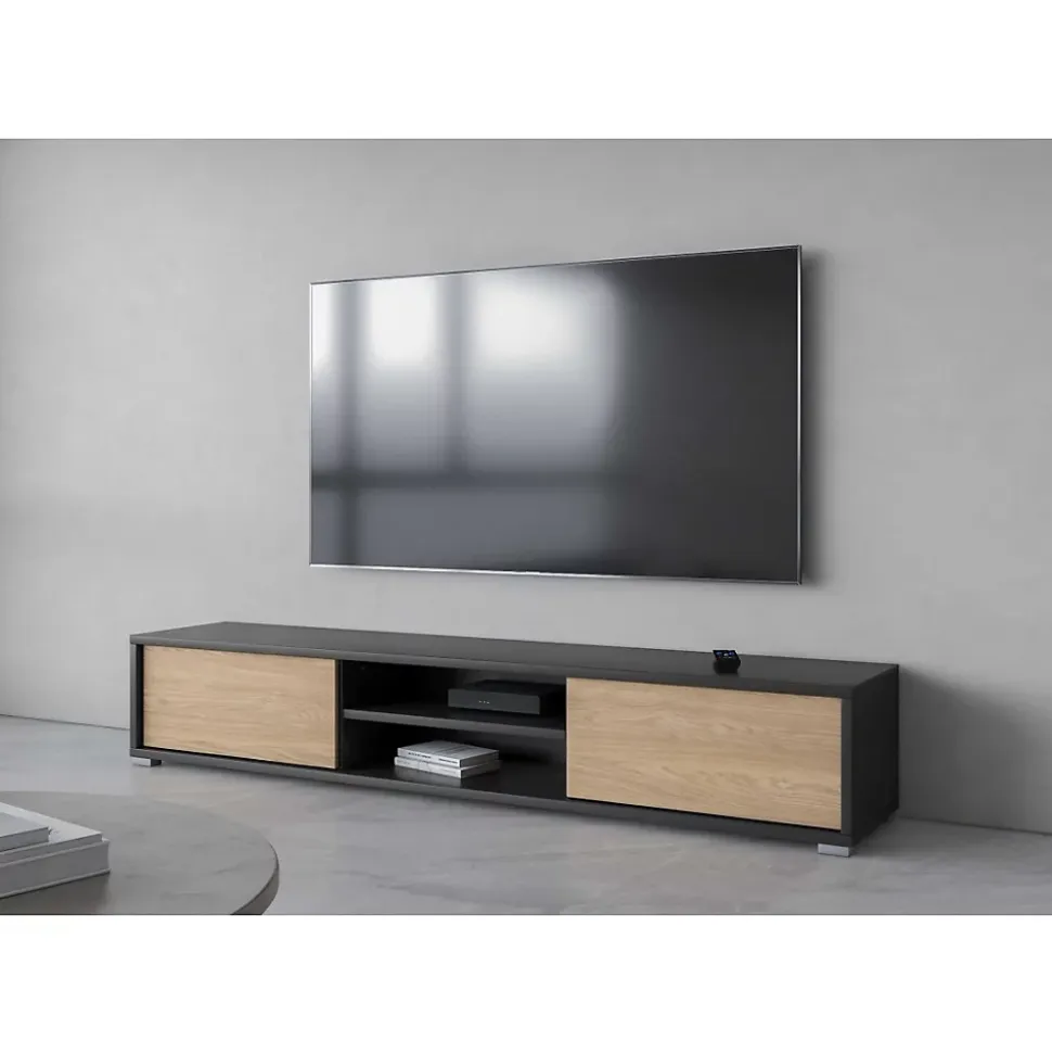 Meuble TV 180cm, 2 portes et 2 niches collection MAANUM. Couleur gris et chene clair.