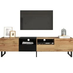 Meuble TV 190cm, avec 2 tiroir, 2 portes, 2 compartiment ouvert, style scandinave, Commode TV en chêne sauvage - Marron